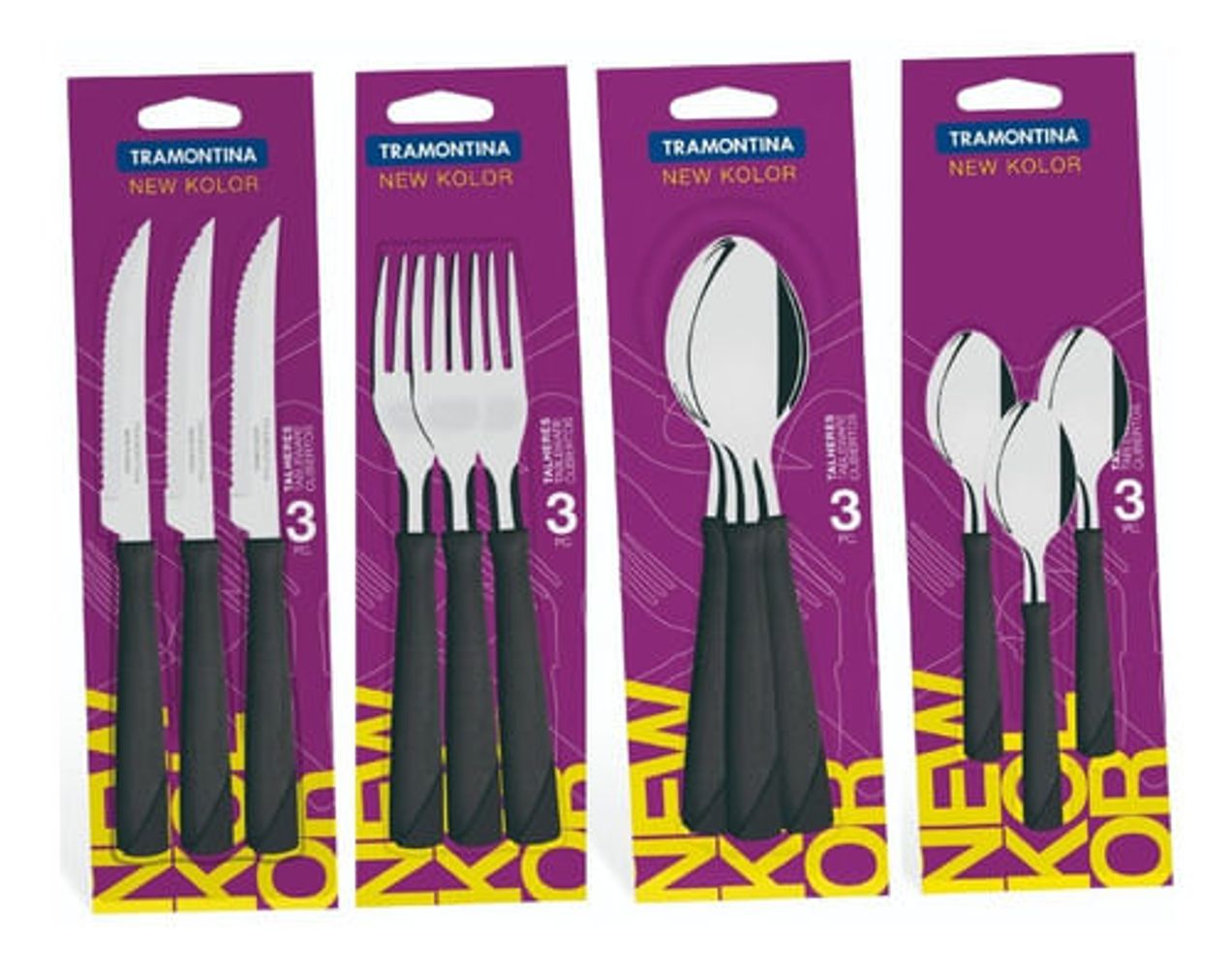 Set de cubiertos x12 Tramontina mango plástico New Color – cuchillo, cuchara y tenedor